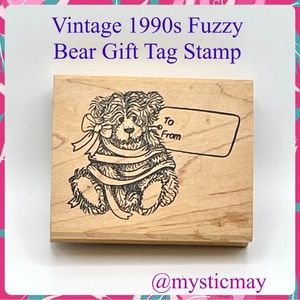 Vintage 1990s JUDIKINS Fuzzy Bear w Bow & Gift Tag Wood Mounted Rubber Stamp